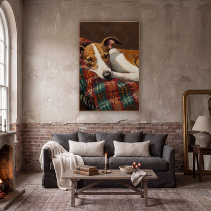 Resting Tan White Dog Portrait wall art in a moody dark academia room – tan and white dog resting its head on a red