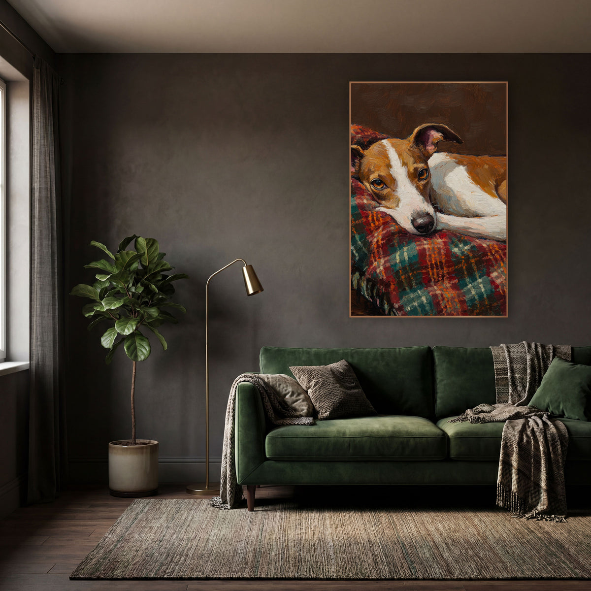 Resting Tan White Dog Portrait wall art in a moody dark academia room – tan and white dog resting its head on a red