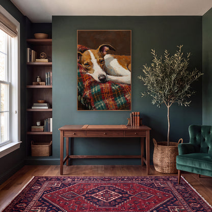 Resting Tan White Dog Portrait wall art in a moody dark academia room – tan and white dog resting its head on a red