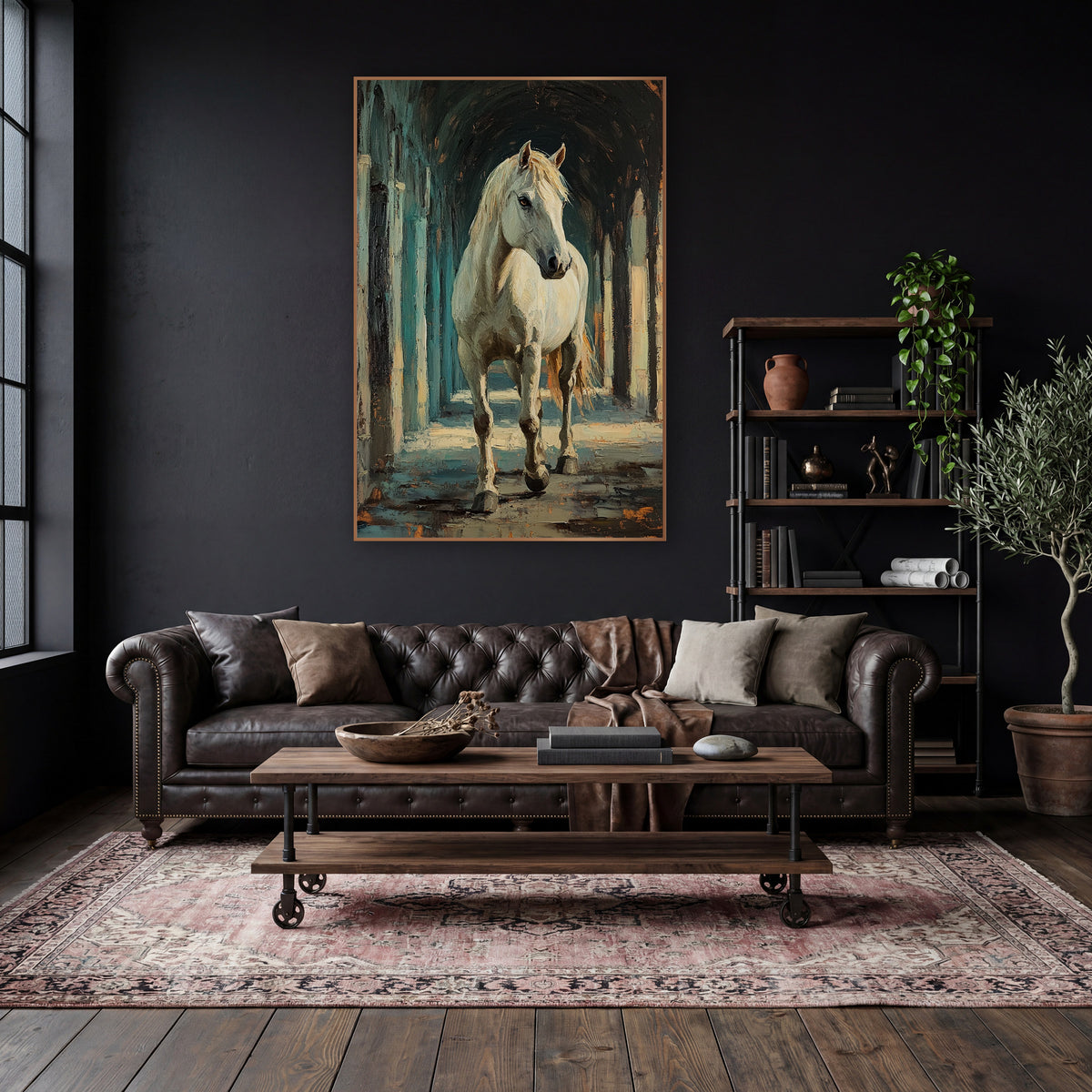 Walking White Horse Arcade Moody wall art in a moody dark academia room – white horse with pale mane walking toward