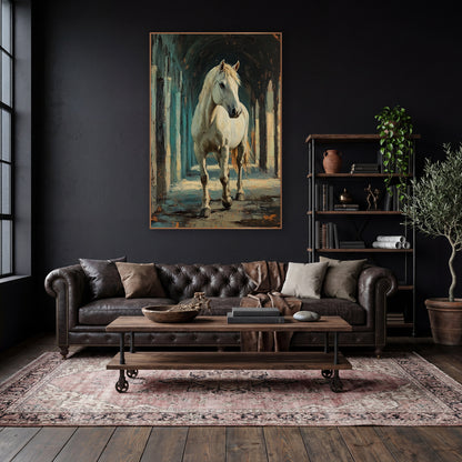 Walking White Horse Arcade Moody wall art in a moody dark academia room – white horse with pale mane walking toward