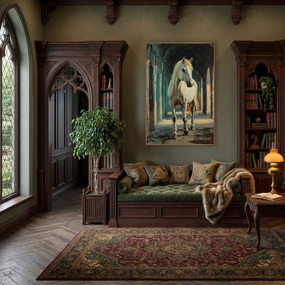 Walking White Horse Arcade Moody wall art in a moody dark academia room – white horse with pale mane walking toward