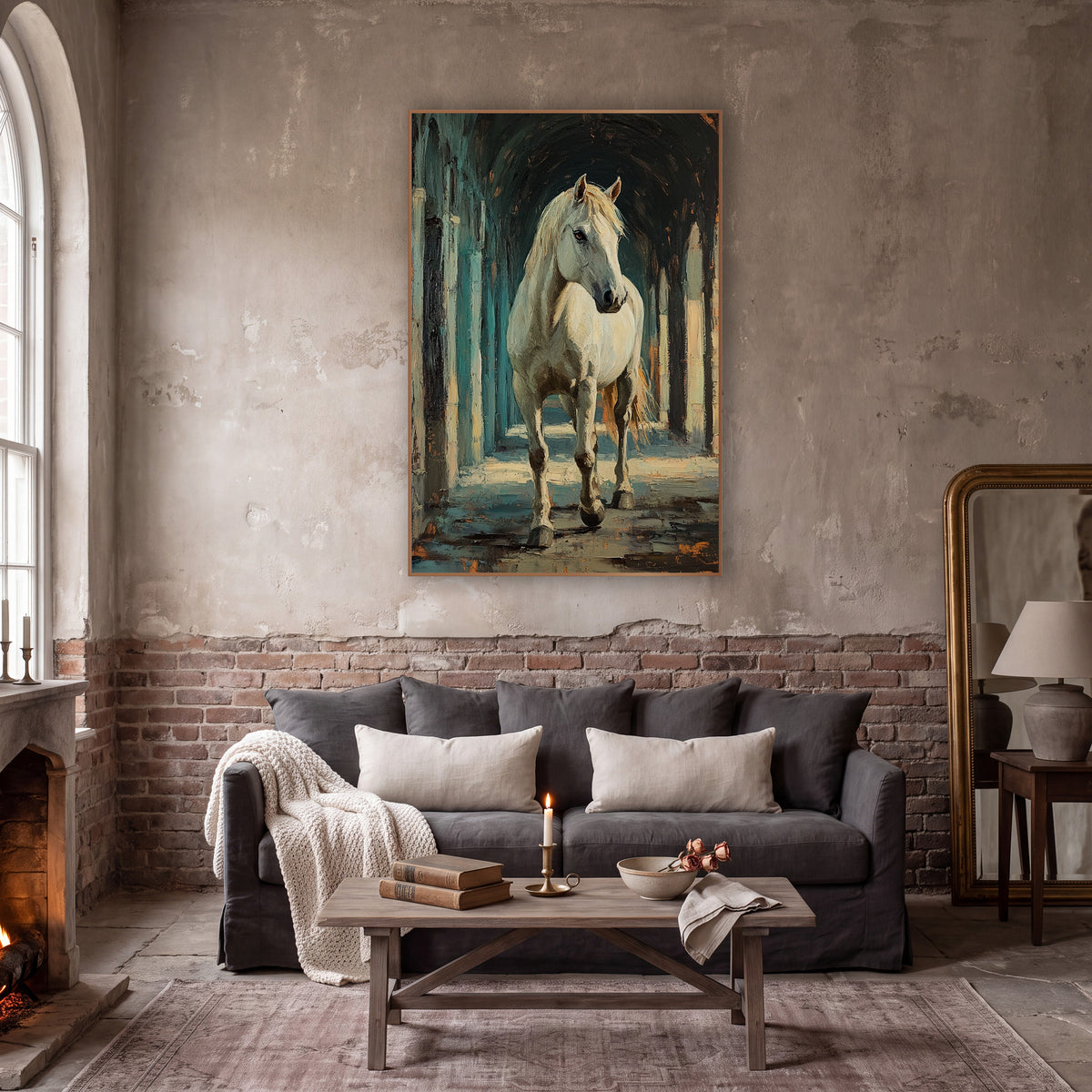Walking White Horse Arcade Moody wall art in a moody dark academia room – white horse with pale mane walking toward