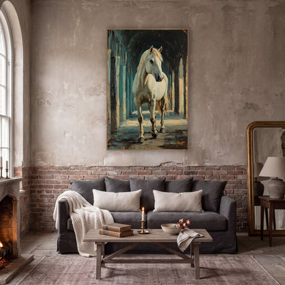 Walking White Horse Arcade Moody wall art in a moody dark academia room – white horse with pale mane walking toward