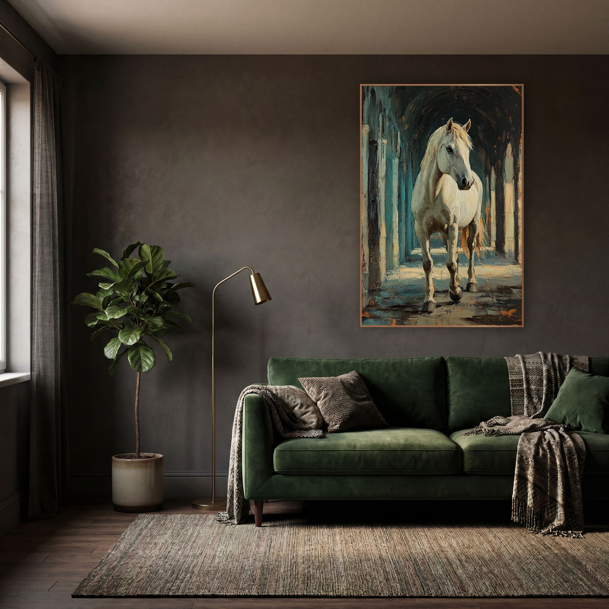 Walking White Horse Arcade Moody wall art in a moody dark academia room – white horse with pale mane walking toward