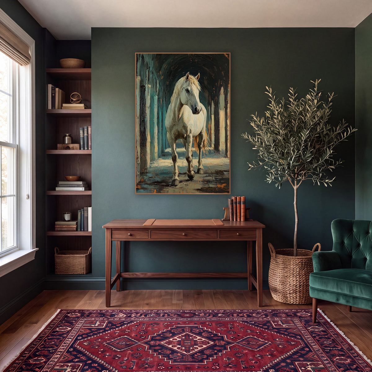 Walking White Horse Arcade Moody wall art in a moody dark academia room – white horse with pale mane walking toward