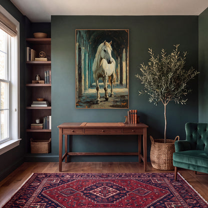 Walking White Horse Arcade Moody wall art in a moody dark academia room – white horse with pale mane walking toward