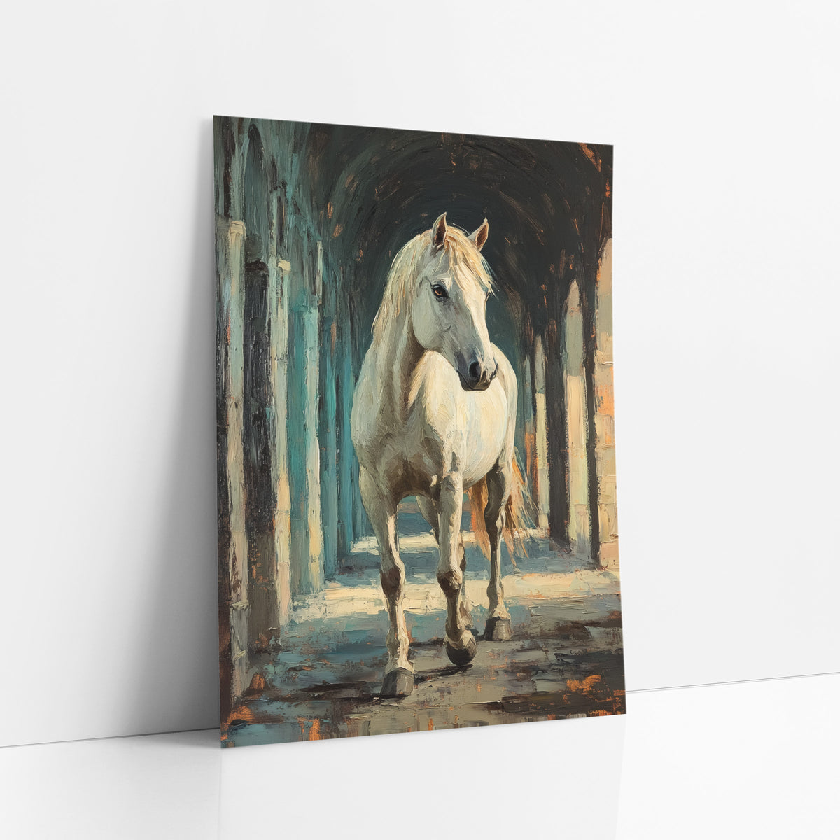 Walking White Horse Arcade Moody art print leaning against a white wall – white horse with pale mane walking toward