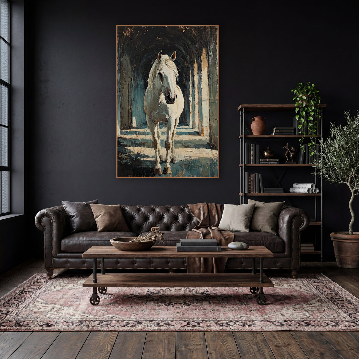 Frontal White Horse Colonnade Classic wall art in a moody dark academia room – white horse with a loose mane walking