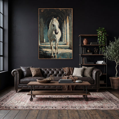 Frontal White Horse Colonnade Classic wall art in a moody dark academia room – white horse with a loose mane walking
