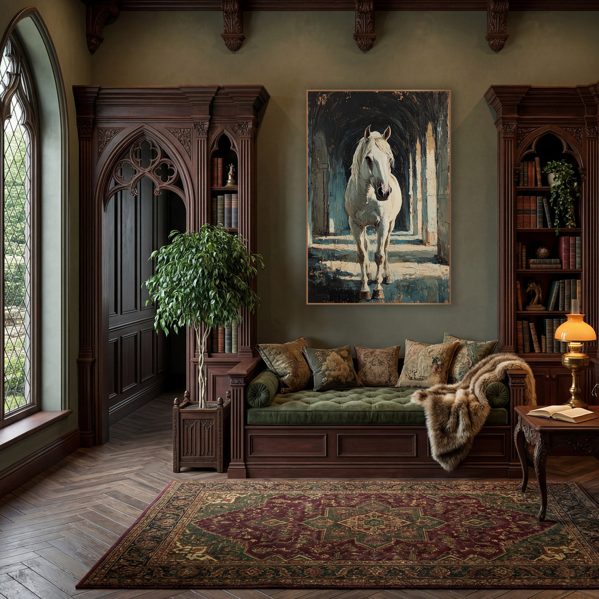 Frontal White Horse Colonnade Classic wall art in a moody dark academia room – white horse with a loose mane walking