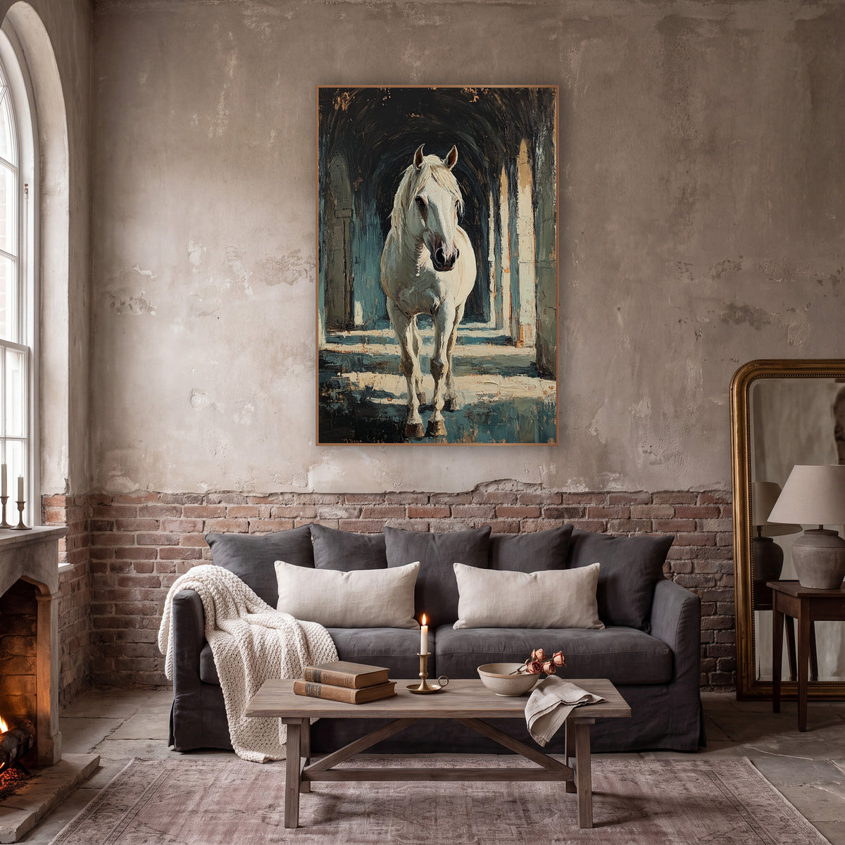 Frontal White Horse Colonnade Classic wall art in a moody dark academia room – white horse with a loose mane walking