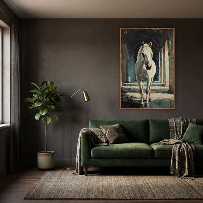 Frontal White Horse Colonnade Classic wall art in a moody dark academia room – white horse with a loose mane walking