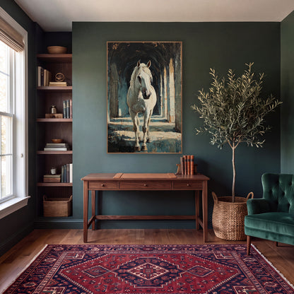 Frontal White Horse Colonnade Classic wall art in a moody dark academia room – white horse with a loose mane walking