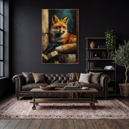 Resting Red Fox Moody Portrait wall art in a moody dark academia room – red fox with amber eyes lying curled in a dark