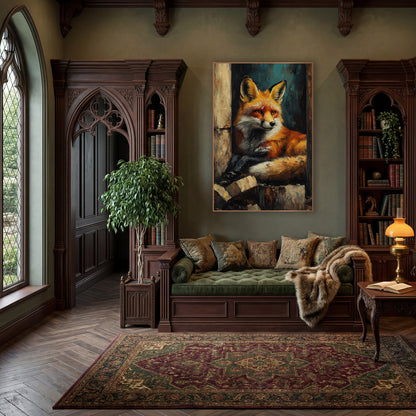 Resting Red Fox Moody Portrait wall art in a moody dark academia room – red fox with amber eyes lying curled in a dark