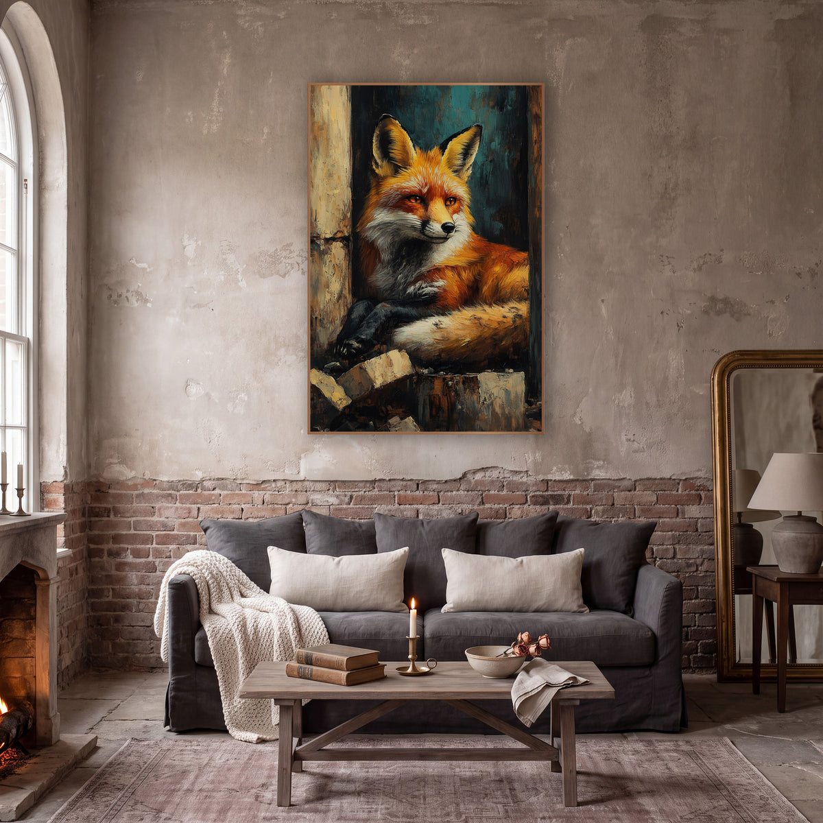Resting Red Fox Moody Portrait wall art in a moody dark academia room – red fox with amber eyes lying curled in a dark