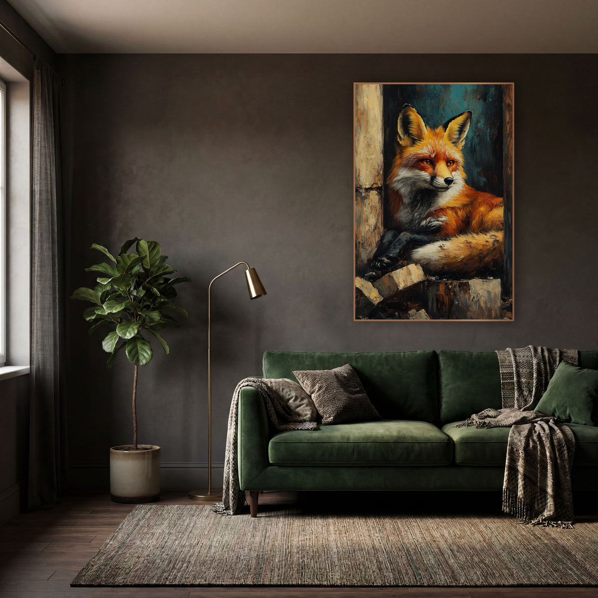 Resting Red Fox Moody Portrait wall art in a moody dark academia room – red fox with amber eyes lying curled in a dark