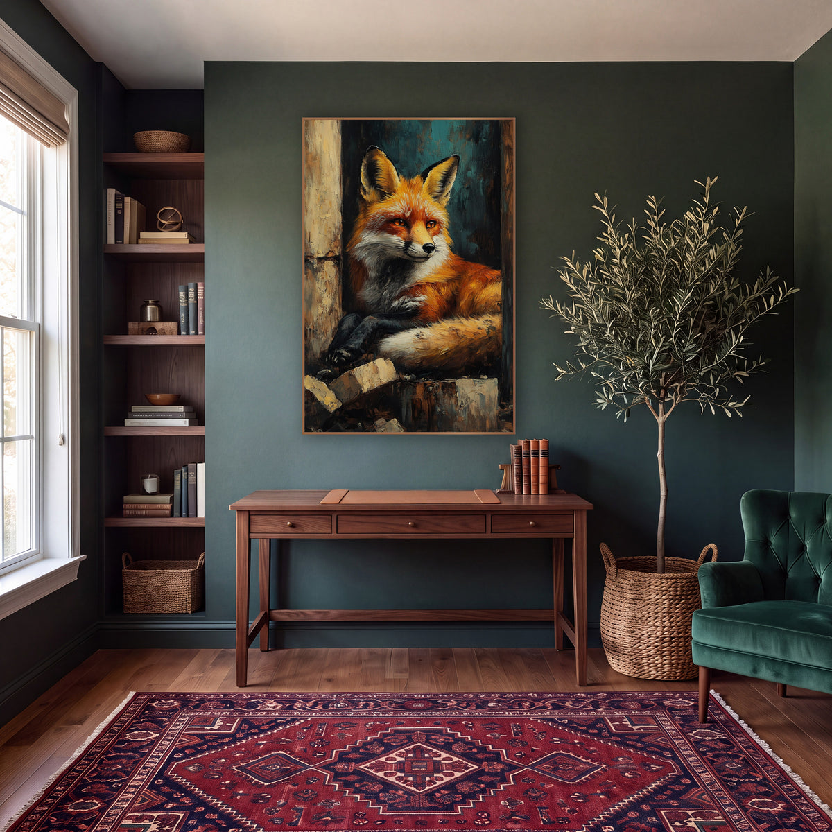 Resting Red Fox Moody Portrait wall art in a moody dark academia room – red fox with amber eyes lying curled in a dark