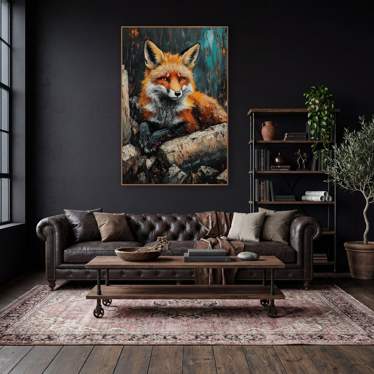 Fox Resting Birch Logs Rustic wall art in a moody dark academia room – red fox with amber eyes resting on pale cut