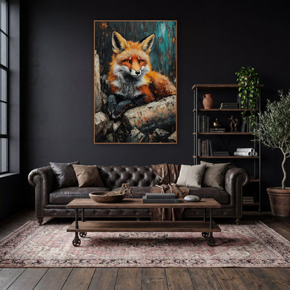 Fox Resting Birch Logs Rustic wall art in a moody dark academia room – red fox with amber eyes resting on pale cut
