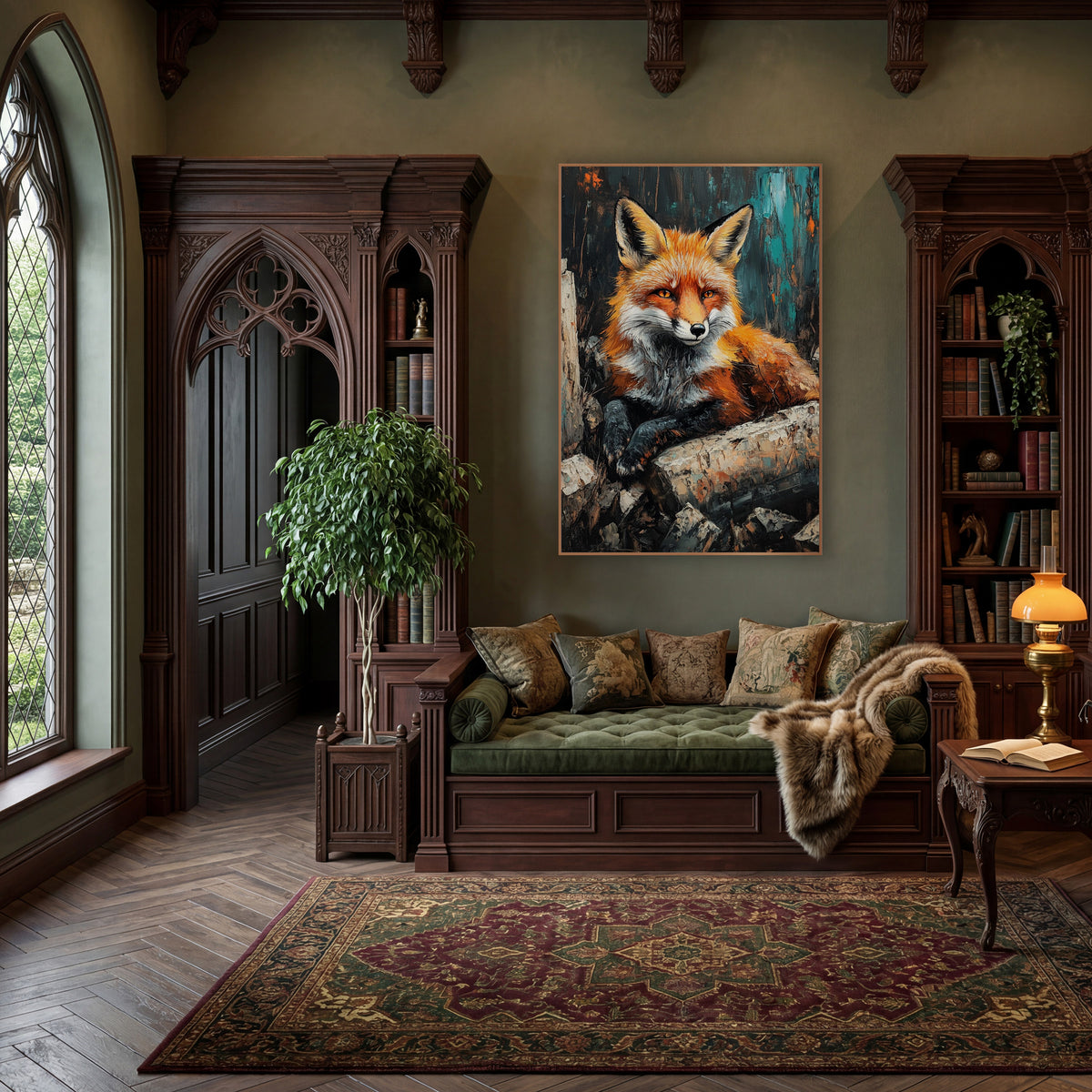 Fox Resting Birch Logs Rustic wall art in a moody dark academia room – red fox with amber eyes resting on pale cut