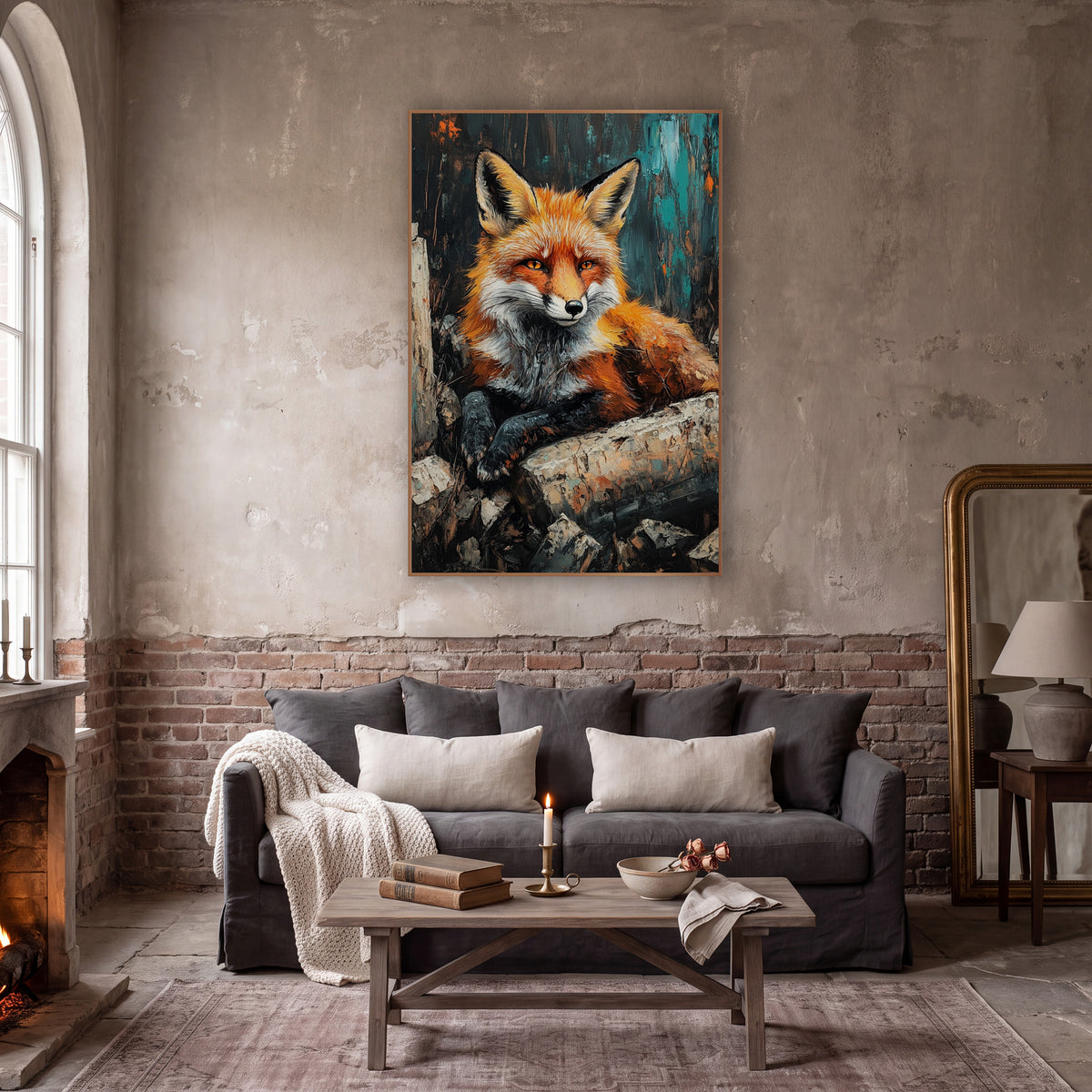 Fox Resting Birch Logs Rustic wall art in a moody dark academia room – red fox with amber eyes resting on pale cut