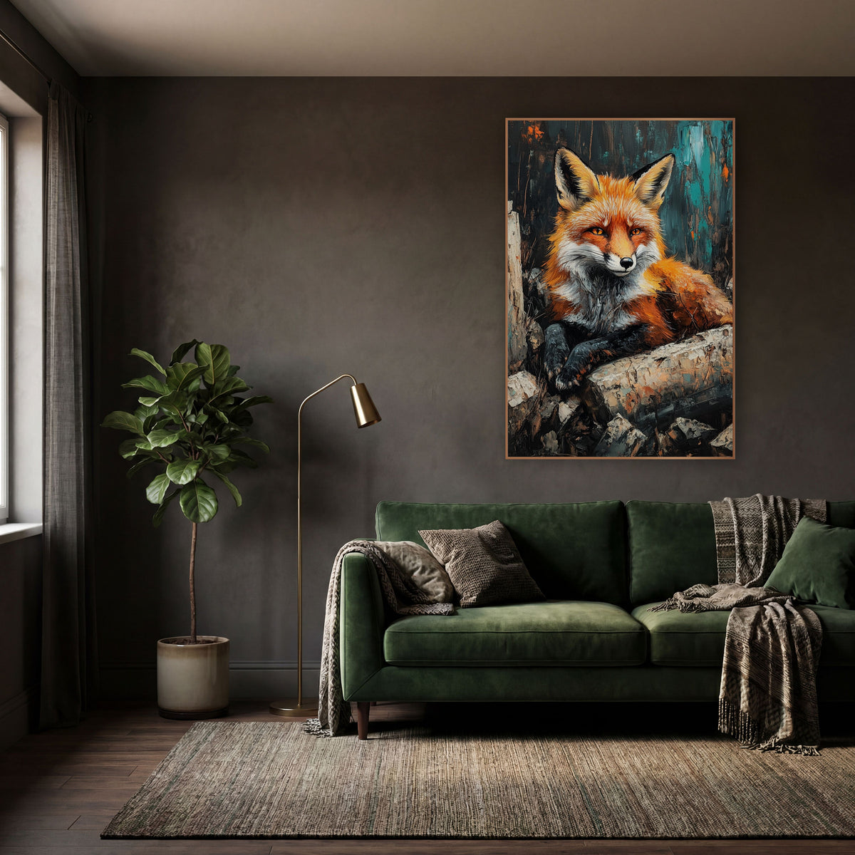 Fox Resting Birch Logs Rustic wall art in a moody dark academia room – red fox with amber eyes resting on pale cut