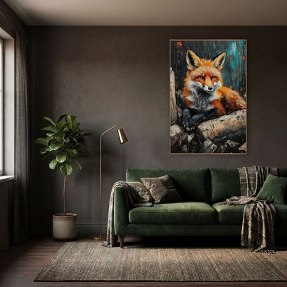 Fox Resting Birch Logs Rustic wall art in a moody dark academia room – red fox with amber eyes resting on pale cut