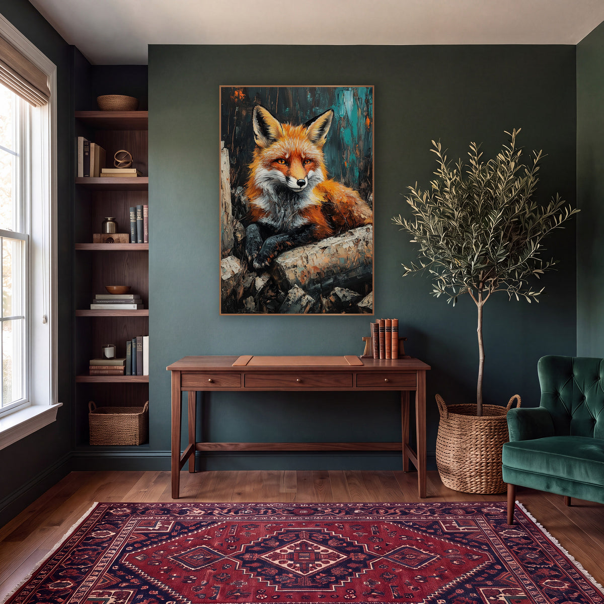 Fox Resting Birch Logs Rustic wall art in a moody dark academia room – red fox with amber eyes resting on pale cut
