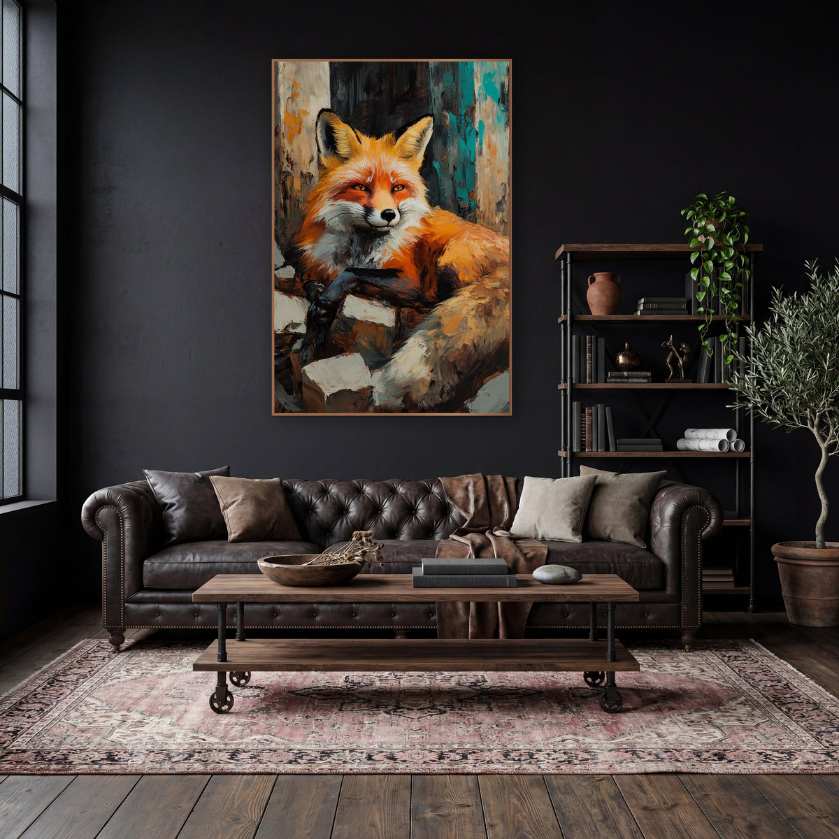 Fox Curled Bushy Tail Moody wall art in a moody dark academia room – red fox with amber eyes lying on pale stone