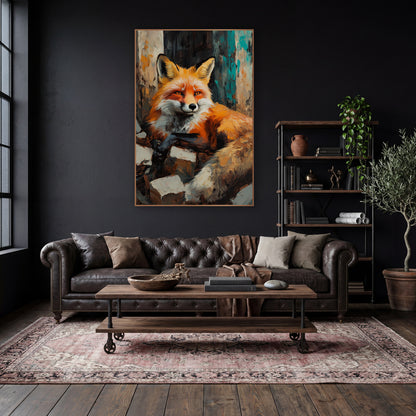 Fox Curled Bushy Tail Moody wall art in a moody dark academia room – red fox with amber eyes lying on pale stone