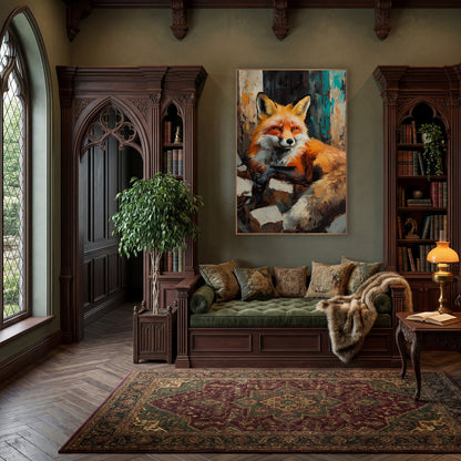 Fox Curled Bushy Tail Moody wall art in a moody dark academia room – red fox with amber eyes lying on pale stone