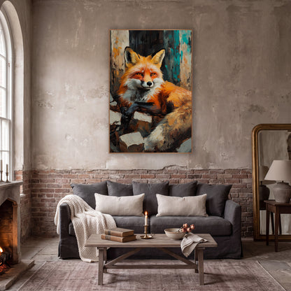 Fox Curled Bushy Tail Moody wall art in a moody dark academia room – red fox with amber eyes lying on pale stone