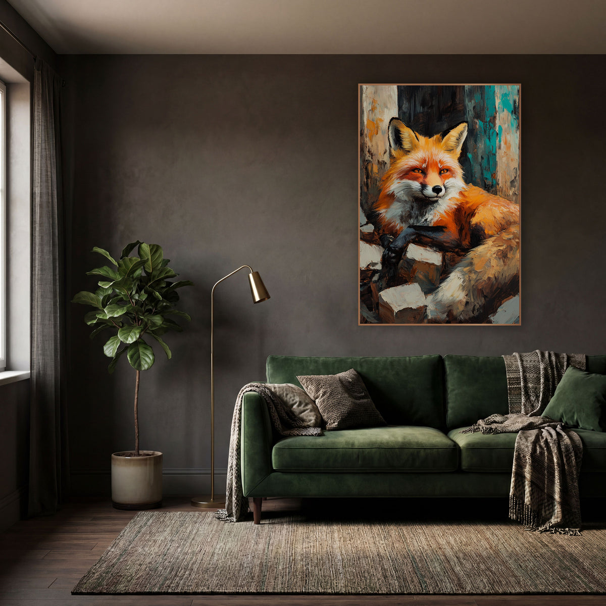 Fox Curled Bushy Tail Moody wall art in a moody dark academia room – red fox with amber eyes lying on pale stone