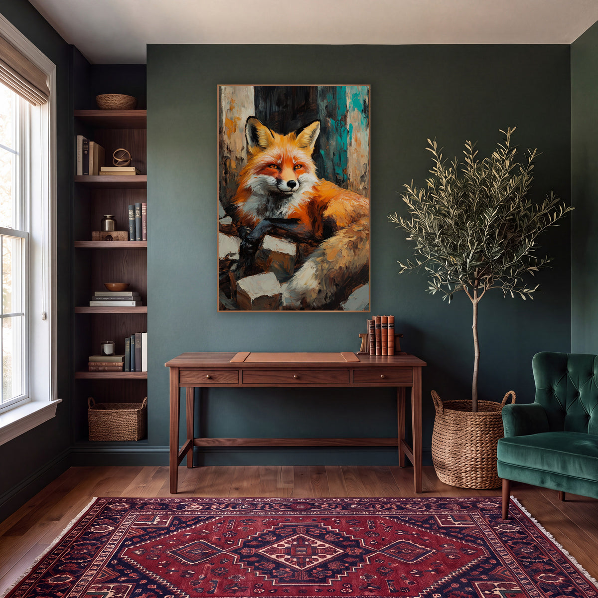 Fox Curled Bushy Tail Moody wall art in a moody dark academia room – red fox with amber eyes lying on pale stone