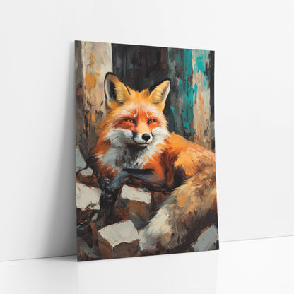 Fox Curled Bushy Tail Moody art print leaning against a white wall – red fox with amber eyes lying on pale stone blocks