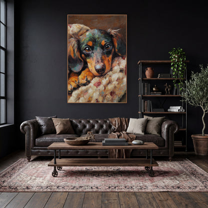 Dachshund Patchwork Blanket Cozy Rustic wall art in a moody dark academia room – dachshund with amber eyes resting