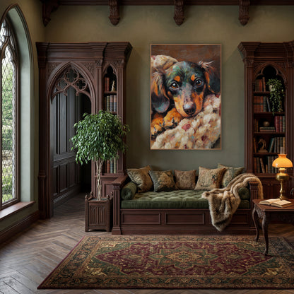 Dachshund Patchwork Blanket Cozy Rustic wall art in a moody dark academia room – dachshund with amber eyes resting