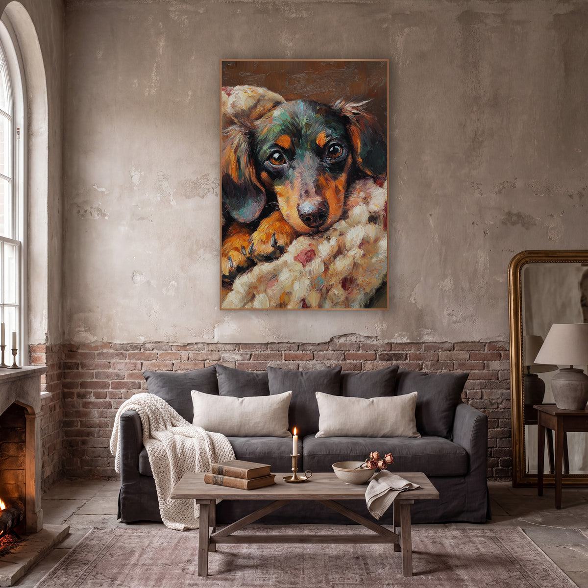 Dachshund Patchwork Blanket Cozy Rustic wall art in a moody dark academia room – dachshund with amber eyes resting