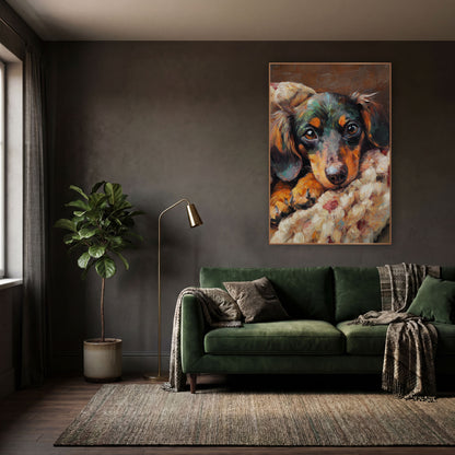 Dachshund Patchwork Blanket Cozy Rustic wall art in a moody dark academia room – dachshund with amber eyes resting