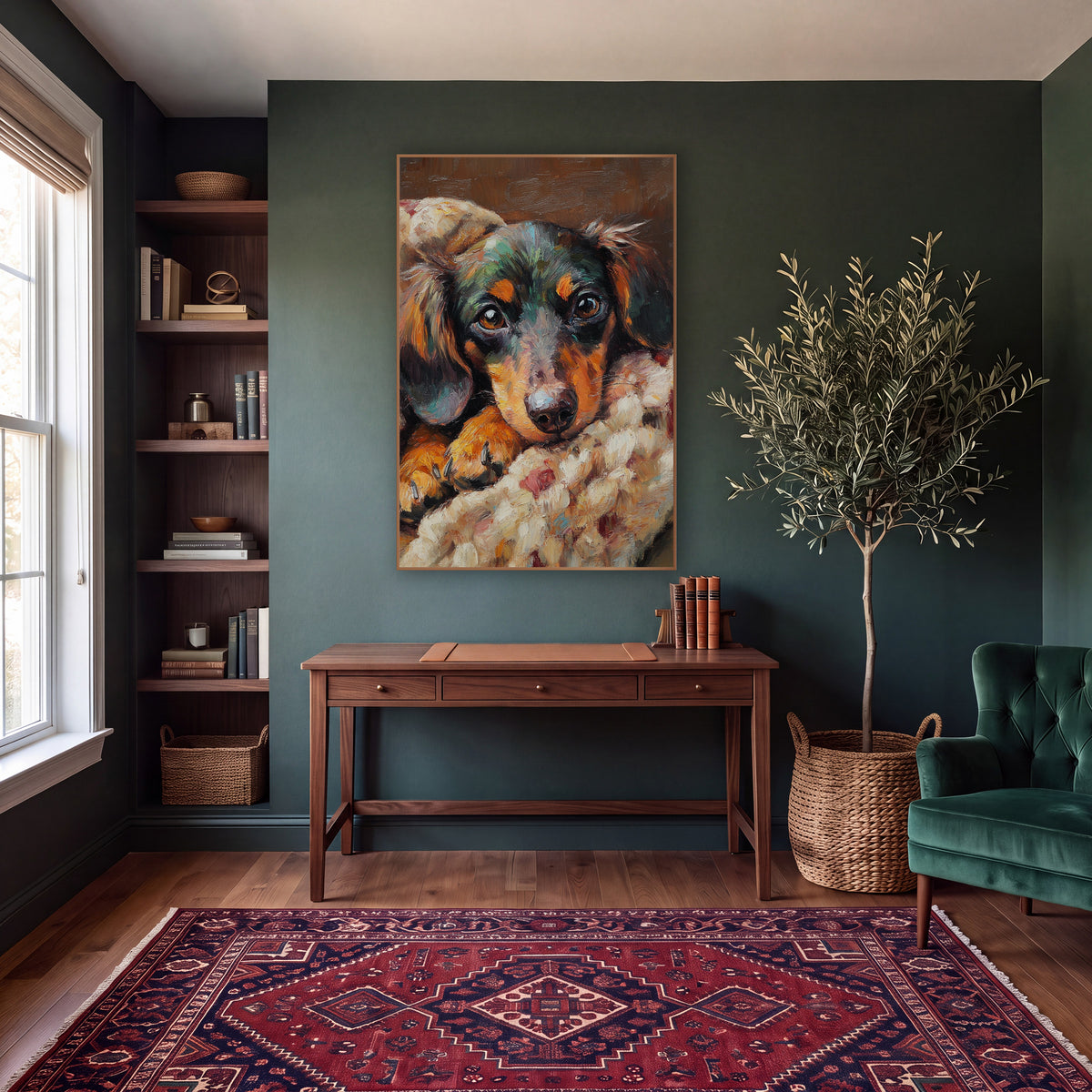 Dachshund Patchwork Blanket Cozy Rustic wall art in a moody dark academia room – dachshund with amber eyes resting
