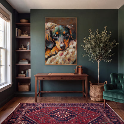 Dachshund Patchwork Blanket Cozy Rustic wall art in a moody dark academia room – dachshund with amber eyes resting