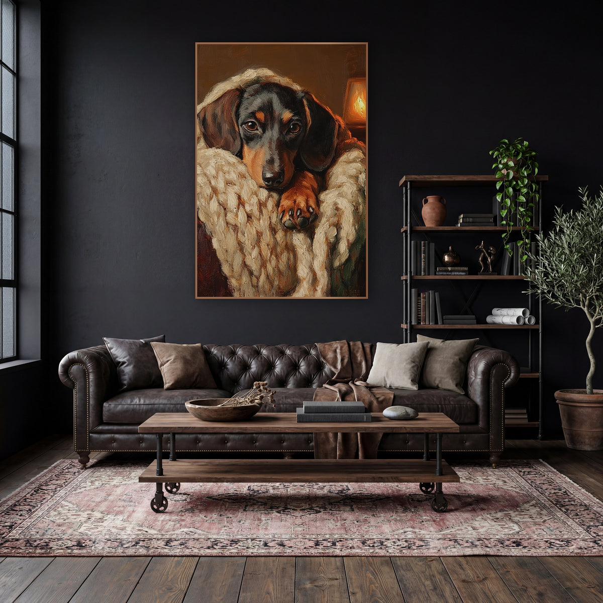 Dachshund Lantern Glow Chunky Knit Classic wall art in a moody dark academia room – black and tan dachshund resting