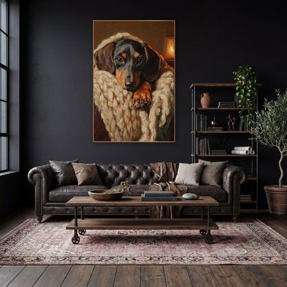 Dachshund Lantern Glow Chunky Knit Classic wall art in a moody dark academia room – black and tan dachshund resting