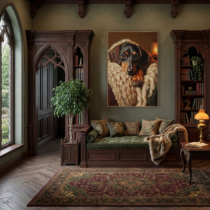 Dachshund Lantern Glow Chunky Knit Classic wall art in a moody dark academia room – black and tan dachshund resting