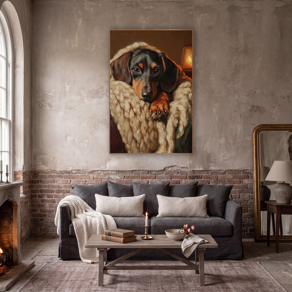 Dachshund Lantern Glow Chunky Knit Classic wall art in a moody dark academia room – black and tan dachshund resting