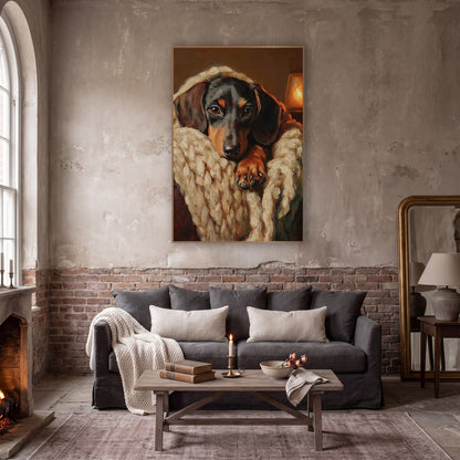 Dachshund Lantern Glow Chunky Knit Classic wall art in a moody dark academia room – black and tan dachshund resting