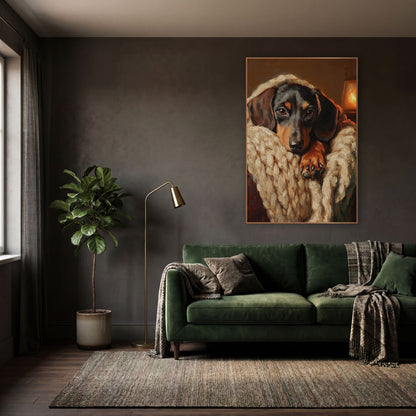 Dachshund Lantern Glow Chunky Knit Classic wall art in a moody dark academia room – black and tan dachshund resting
