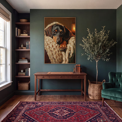 Dachshund Lantern Glow Chunky Knit Classic wall art in a moody dark academia room – black and tan dachshund resting